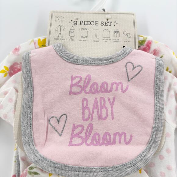 Baby Kiss 9 Piece Set Sleep, Play, Bib, Bodysuit, Pants, Cap & Socks 3-6 Months - Picture 2 of 7